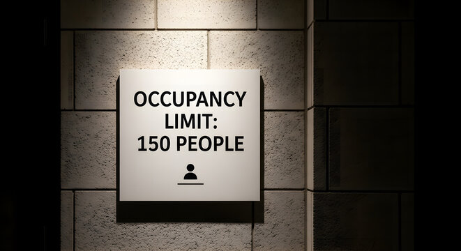 White wall mounted sign showing maximum occupancy limit of 150 people on a brick wall