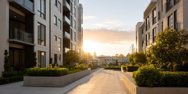Modern apartment complex courtyard at sunset