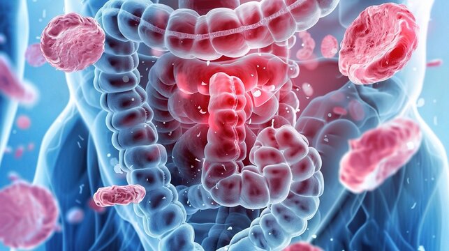Colorectal cancer: intestinal malignant tumor detected by colonoscopy, with professional diagnosis, surgery and combined therapy for gastroenterology research and medical illustration