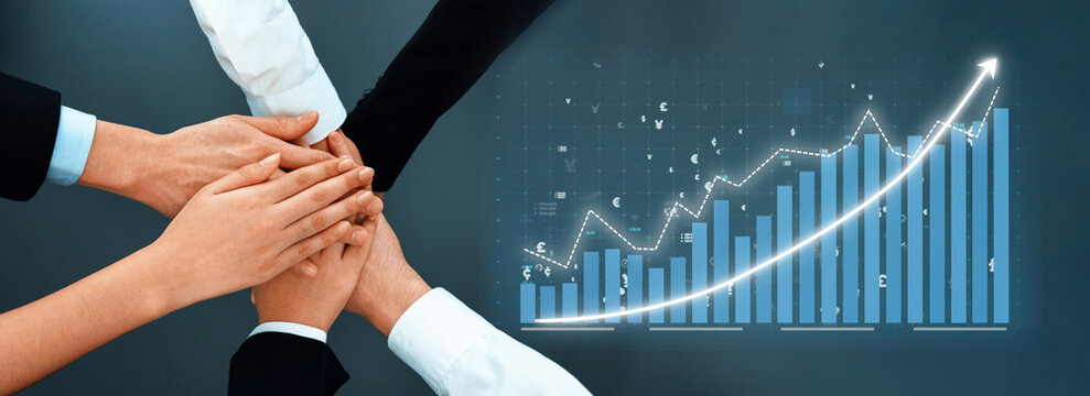Diverse hands join together to represent teamwork and collaboration, with a financial growth graph illustrated in the background symbolizing success and achievement. Axiom