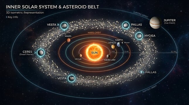 Educational infographic of inner solar system asteroid belt