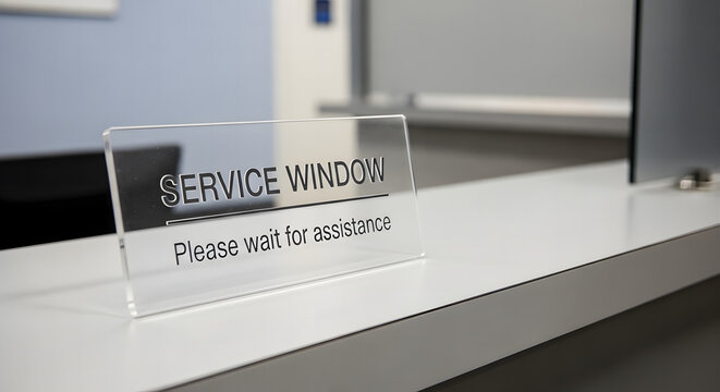 Clear acrylic desk sign reading service window please wait for assistance at a customer desk