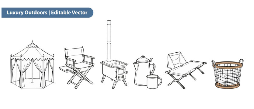 Camping glamping vector icons set featuring luxury outdoor gear like a canvas tent, folding chair, wood stove, cot, kettle, and basket for camp adventure designs, isolated line art illustrations.