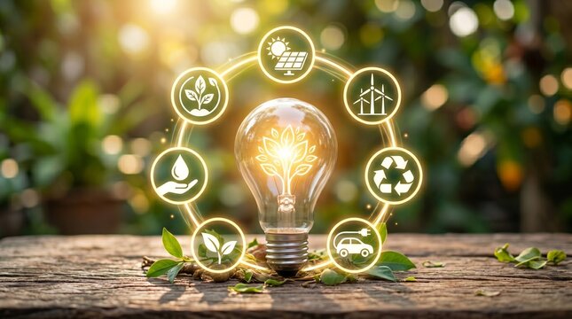 Glowing light bulb with eco-friendly icons representing sustainable renewable energy and environmental conservation on a natural green background