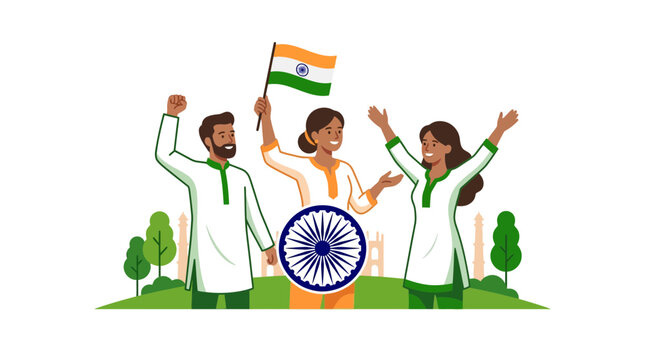 Happy Indian People Celebrating Independence Day with Flag and Ashok Chakra
