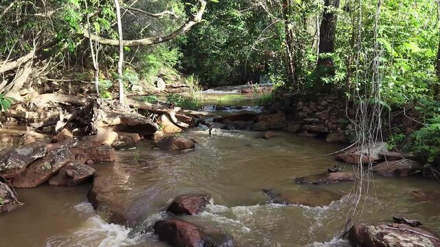 V&iacute;deo de queda d'&aacute;gua natural correndo sobre pedras escuras cercada por vegeta&ccedil;&atilde;o densa de floresta tropical no Parque Nacional da Chapada Diamantina, Bahia, Brasil.