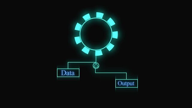 Gear icon connecting data input to output boxes on black. Technology processing gear icon symbol for digital workflow process. Animated gear icon loop.