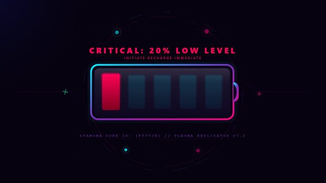 Futuristic HUD battery interface discharging from full to low stamina on a dark digital background