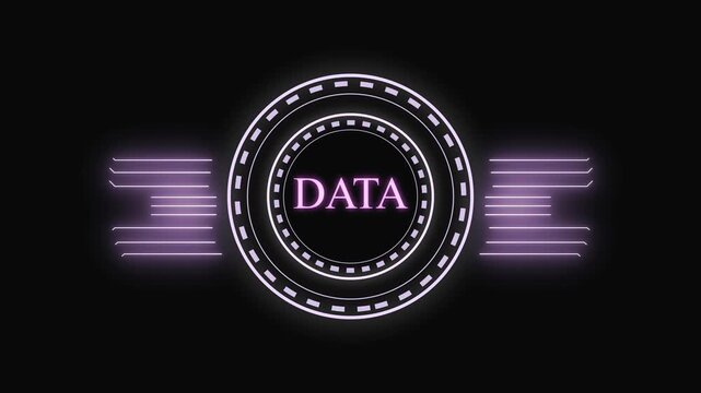 Neon circle with tech data text and dashboard accents. Information technology neon circle symbol for cloud network diagnostics. Animated neon circle data.