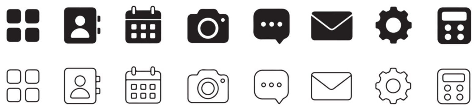 Apps Vector Outline Icons Set, Mobile Application Interface Symbols Collection, Modern Software UI UX Elements for Digital Platforms