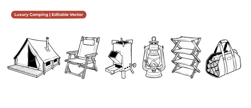 Camping gear vector icon set featuring luxury glamping equipment: canvas tent, folding chair, camping stove, vintage lantern, shelving unit, and firewood bag. Minimalist black and white line art.