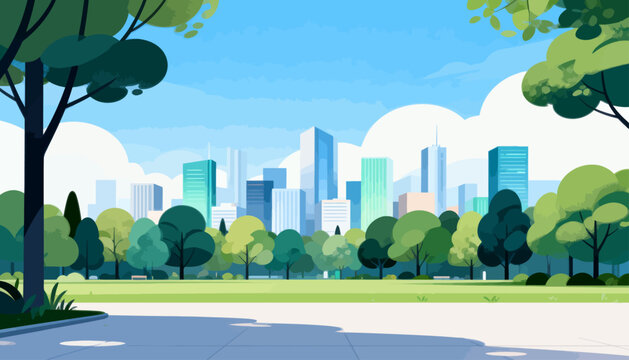 Urban skyline gleams behind lush green park trees