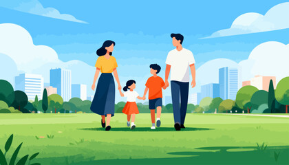 Obraz premium Family strolls through sunlit park on a clear day