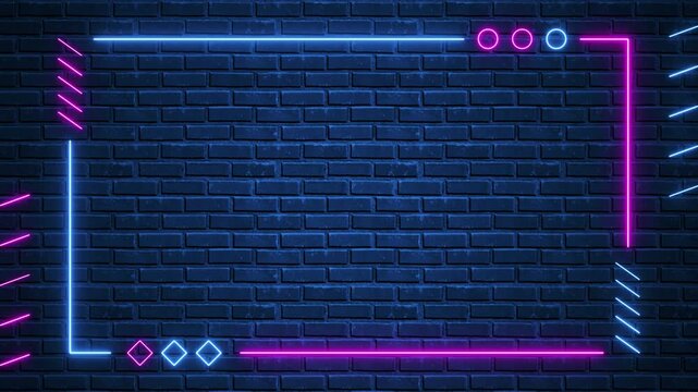 abstract neon lights border frame and shapes on blue brick wall animation, technology and game blank social media motion background