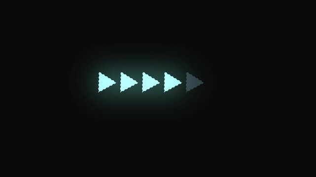 Row of cyan play buttons with light aura on black. Digital media play buttons symbol for video playback next control. Animated play buttons interface.