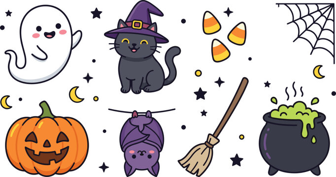 Cute Halloween Collection with Ghost Witch Cat Pumpkin Bat and Spooky Holiday Cartoon Vector Illustration Set
