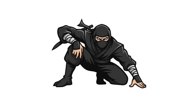 Black ninja character in crouching stealth action pose.