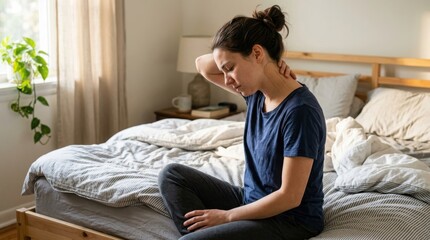 Fototapeta premium Stressed young woman sitting on her bed holding her painful neck due to muscle strain or stiffness.