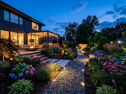 Modern backyard patio with pergola and lush landscaping at twilight