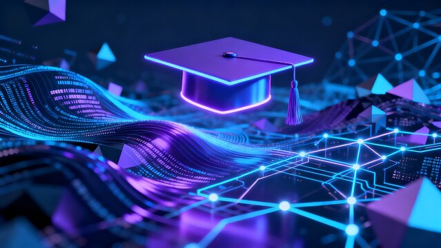 Floating academic graduation cap over abstract digital wave pattern and light network lines.