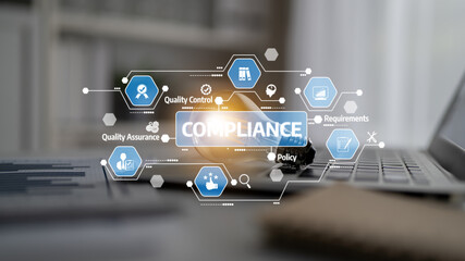Fototapeta premium Visual representation of compliance and quality control concepts in a modern office setting, emphasizing policy and requirements through digital icons and graphics. Tessel
