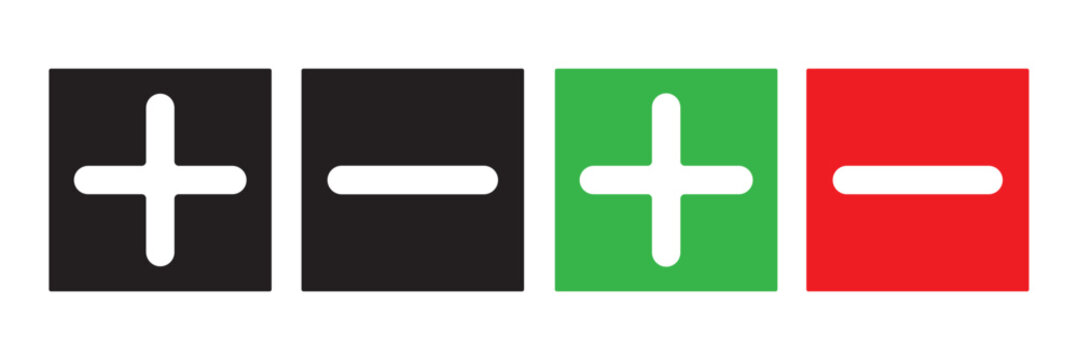 Plus and Minus Icons Collection. Add and Remove Symbol UI Buttons Vector Set in square button styles with black, green and red color.