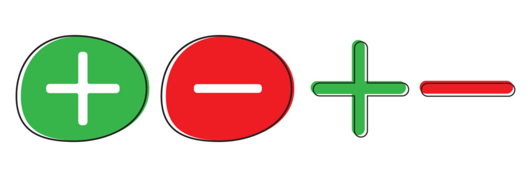 Plus and Minus Icons Set. Add and Remove Symbols Vector Collection Isolated on a light background with a simple, scalable style.