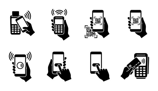 Wireless mobile payment methods and terminal transactions set with qr code and card icons.