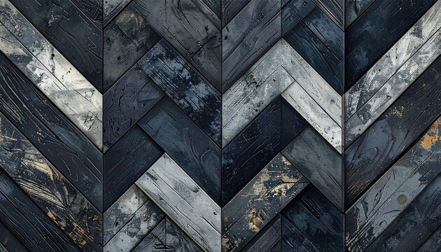 Dark, weathered wood planks arranged in a herringbone pattern, textured