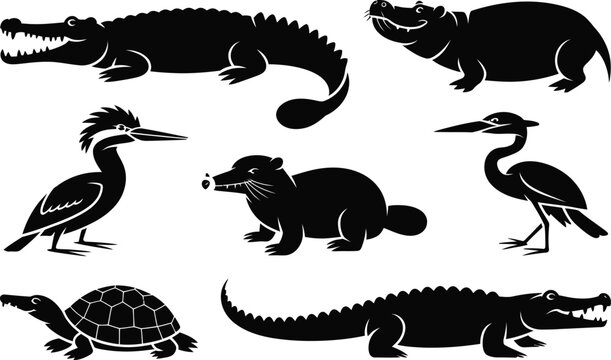 Collection of reptile and wild animal silhouettes with crocodile alligator silhouette wildlife predator collection isolated creature wilderness illustration amphibian longneck dangerous