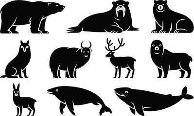 Arctic and polar wild animal silhouettes including polar bear whale and reindeer with silhouette wildlife reindeer collection isolated creature monochrome creative illustration environment © MstAsmaAkter