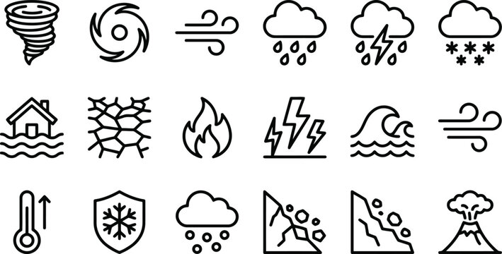 Natural disaster icons set featuring weather phenomena like hurricanes tornados fire floods and earthquakes in a clean line style