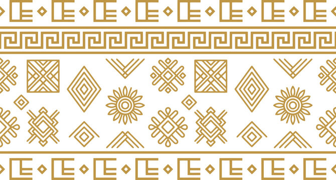 Gold geometric tribal pattern featuring ethnic symbols and greek key borders on a clean white background for luxury graphic design