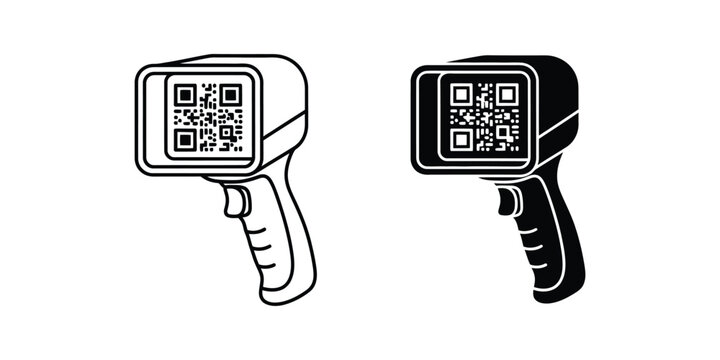 Barcode scanner device with QR code display against white background for retail and logistics applications