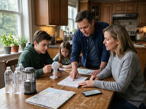 Family heatwave outage plan discussion at kitchen table with emergency supplies