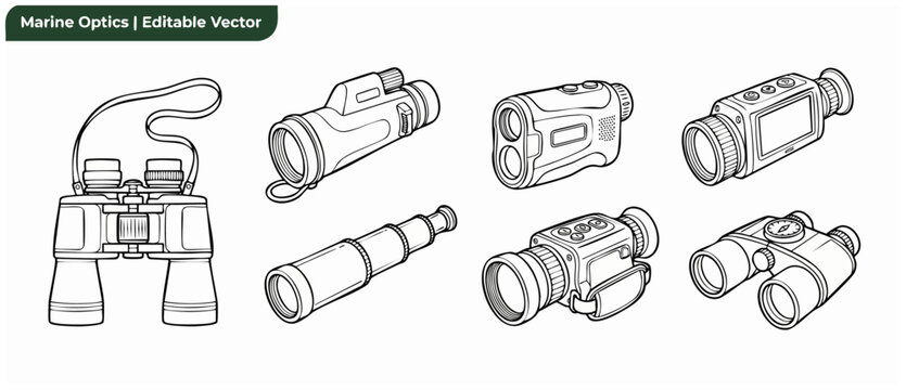 Binoculars monocular spyglass vector icons set of marine optics and optical viewing devices in line art style for navigation, hunting, sailing, outdoor adventure, and distance observation elements.