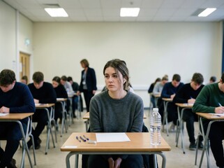 Fototapeta premium Student in exam hall with discreet earbud and vacant expression concept