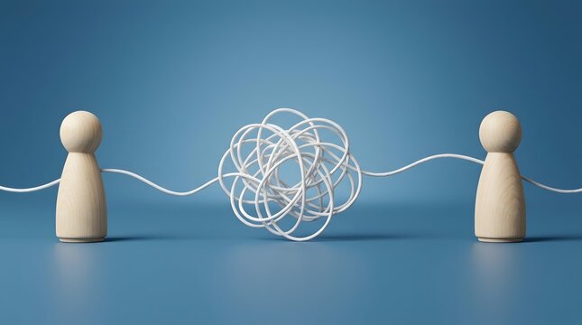 Two wooden figures connected by a tangled white string knot on a blue background. Concept of communication breakdown and complex problem solving.