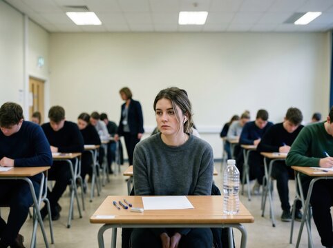 Student in exam hall with discreet earbud and vacant expression concept