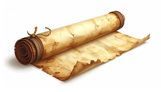 Aged, unrolled parchment scroll tied with rough twine