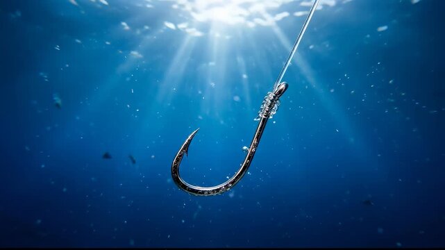 Underwater Fishing Hook Gleaming in Sunlit Ocean Water.