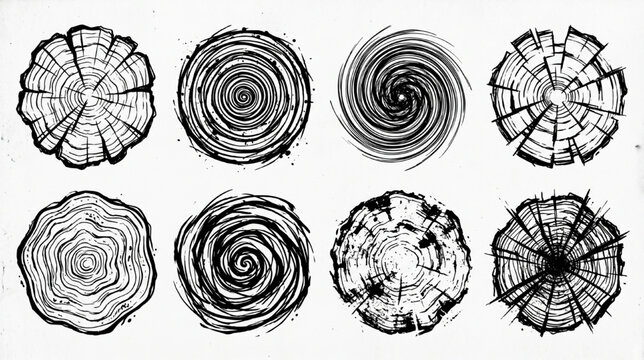Graffiti Style Tree Ring Vector Set with Growth Pattern Cross-Sections and Urban Grunge Organic Ink Art