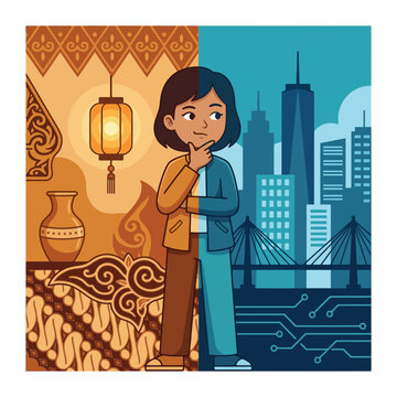 Third culture kid cultural identity conflict belonging between two worlds 2D vector cartoon illustration, mental health diaspora awareness, warm earth blue duotone design
