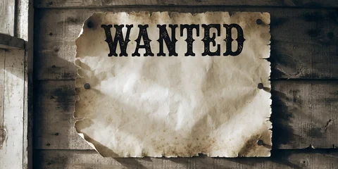 Blank Vintage Wanted Poster on Aged Parchment Paper Pinned with Nails to Dark Rustic Wooden Plank Wall American Wild West Cowboy Historical Concept with Copy Space © RisanRisan