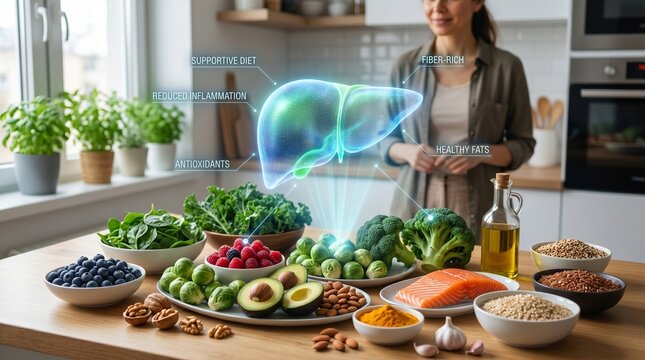 A woman in a kitchen showcasing a healthy diet with a glowing hologram of a liver, emphasizing nutrition, antioxidants, and wellness