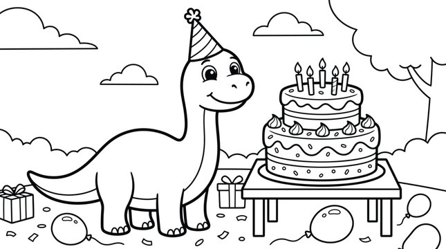 Children Coloring Page of Cute Brontosaurus Dinosaur with Birthday Cake and Presents