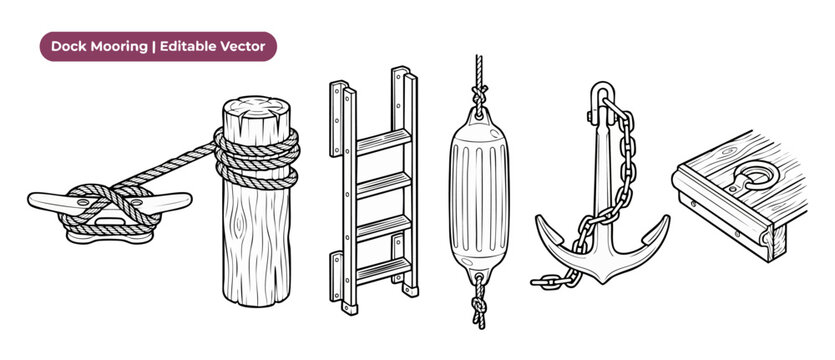Marine dock mooring vector icons set featuring nautical anchor with chain, mooring cleat with rope, wooden harbor piling, boat fender buoy, metal ladder, and wooden pier edge outline art graphics.