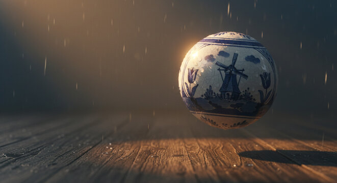Delft Blue Ceramic Sphere with Windmill and Tulips Floating in Rain over Wooden Floor with Dramatic Lighting