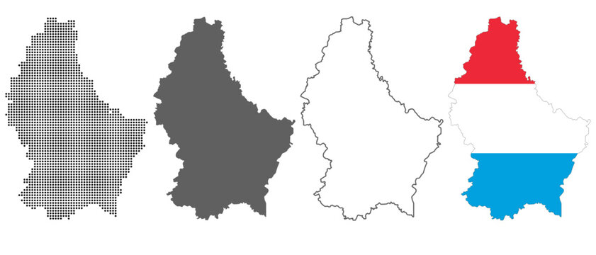 Luxembourg country map vector set with dotted pattern solid silhouette outline and national flag illustration