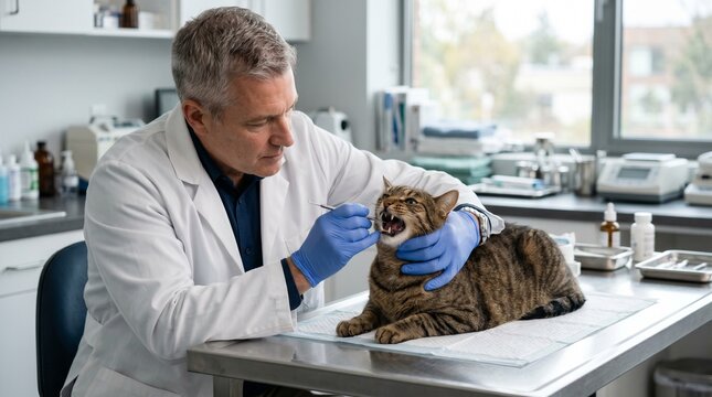 Veterinarian examining teeth of tabby cat in clinic. Professional male vet checking oral health of pet on table. Animal healthcare medical procedure for feline. Veterinary medicine concept.